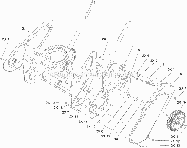 Toro 38272 (311003001-311999999) 418 ZR Power Clear Snowblower Main Frame and Wheel Assembly Diagram