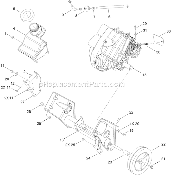 Toro 38515 (310006876-310999999)(2010) Snowthrower Engine, Fuel Tank and Frame Assembly Diagram