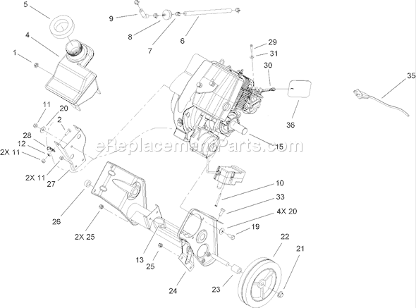 Toro 38516 (270000001-270010000)(2007) Snowthrower Engine, Gas Tank and Frame Assembly Diagram