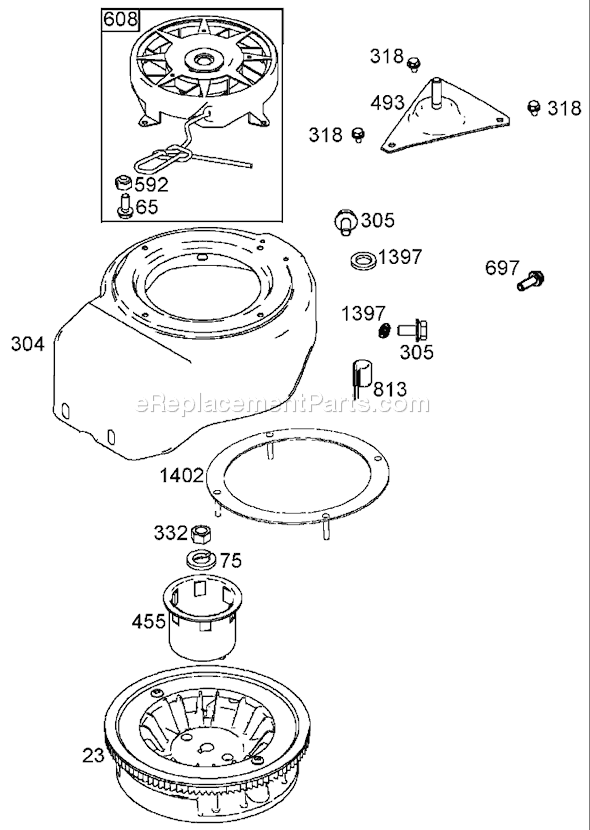 Toro 38601 (220000001-220999999)(2002) Snowthrower Flywheel, Blower Housing, and Starter Assemblies Briggs and Stratton 084332-0130-E1 Diagram