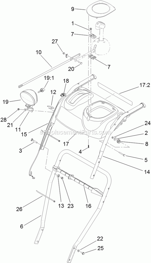 Toro 38824 (313000001-313999999) Power Max Heavy Duty 1028 Oxe Snowthrower, 2013 Lower Handle and Headlamp Assembly Diagram