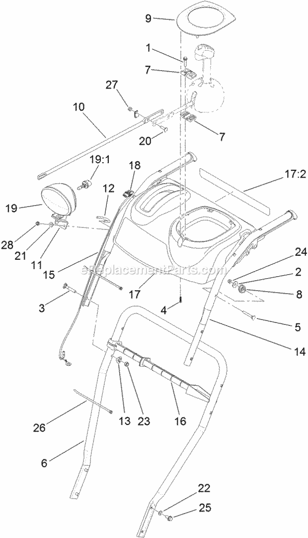 Toro 38824 (315000001-315999999) Power Max Heavy Duty 1028 Oxe Snowthrower, 2015 Lower Handle and Headlamp Assembly Diagram