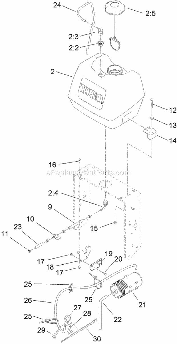 Toro 39078 (316000001-316999999) Commercial Walk-behind Mower, Floating Deck, T-bar, Gear Drive With 48in Turbo Force Cutting Un Fuel System Assembly Diagram