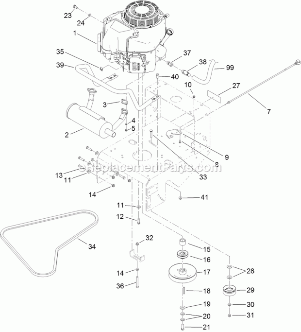 Toro 39634 (315000001-315999999) Commercial Walk-behind Mower, Fixed Deck, Pistol Grip, Gear Drive With 36in Turbo Force Cutting Engine and Exhaust Assembly Diagram