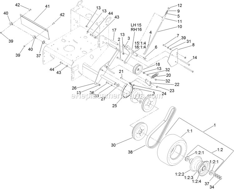 Toro 39638 (405700000-410299999) Fixed Deck, Pistol Grip, Gear Drive With 48in Cutting Unit Walk-Behind Mower Drive Wheel And Brake Assembly Diagram