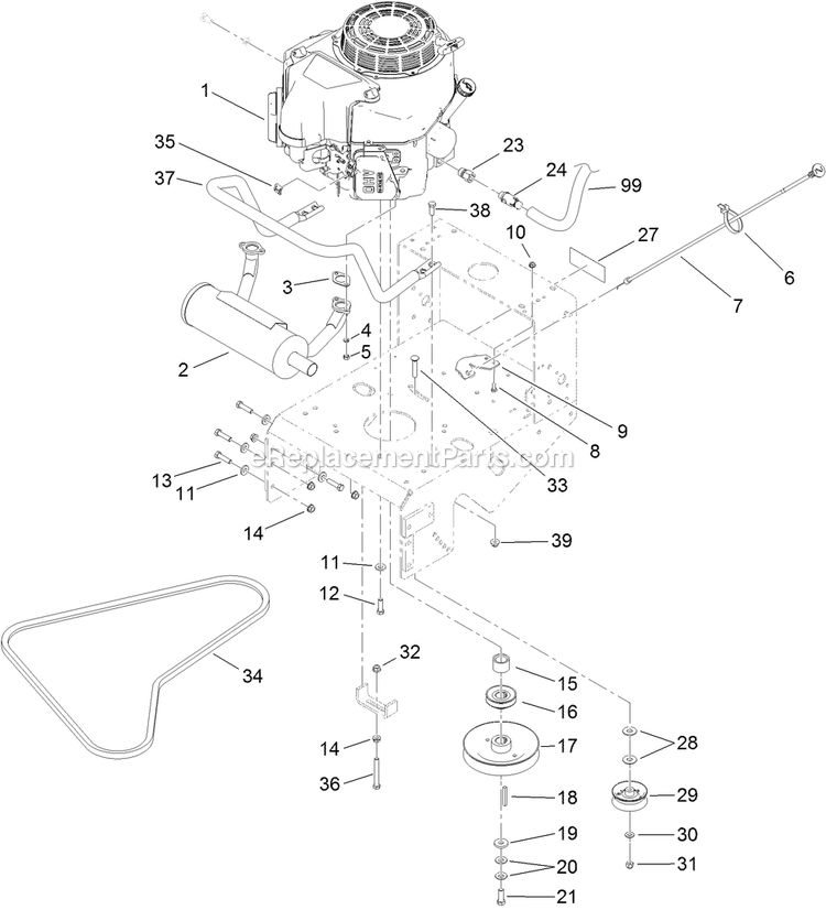 Toro 39674 (400000000-404319999) Fixed Deck, T-Bar, Gear Drive With 36in Cutting Unit Walk-Behind Mower Engine And Exhaust Assembly Diagram