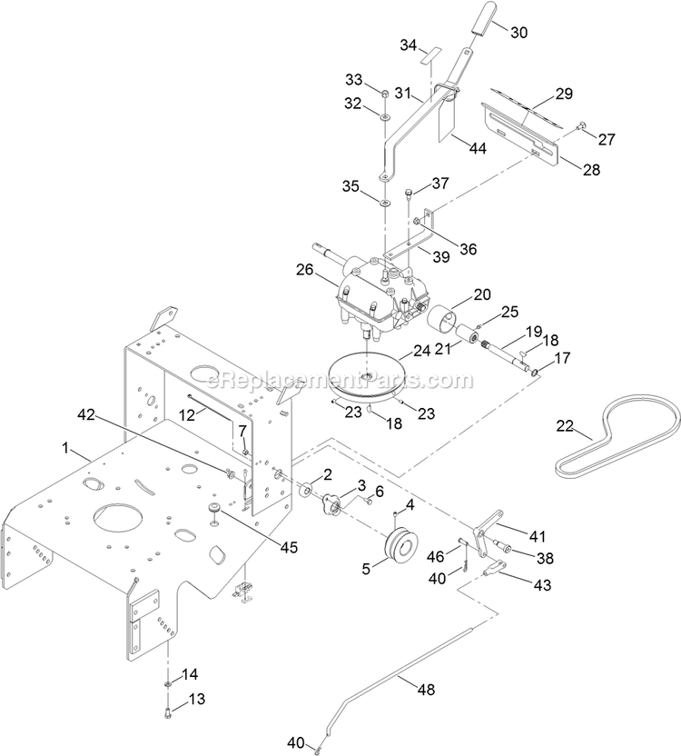 Toro 39678 (404324200-405457996) Fixed Deck, T-Bar, Gear Drive With 48in Cutting Unit Walk-Behind Mower Frame And Transmission Assembly Diagram