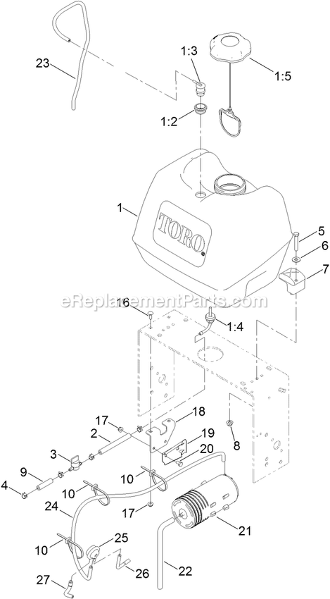 Toro 39678 (404324200-405457996) Fixed Deck, T-Bar, Gear Drive With 48in Cutting Unit Walk-Behind Mower Fuel System Assembly Diagram