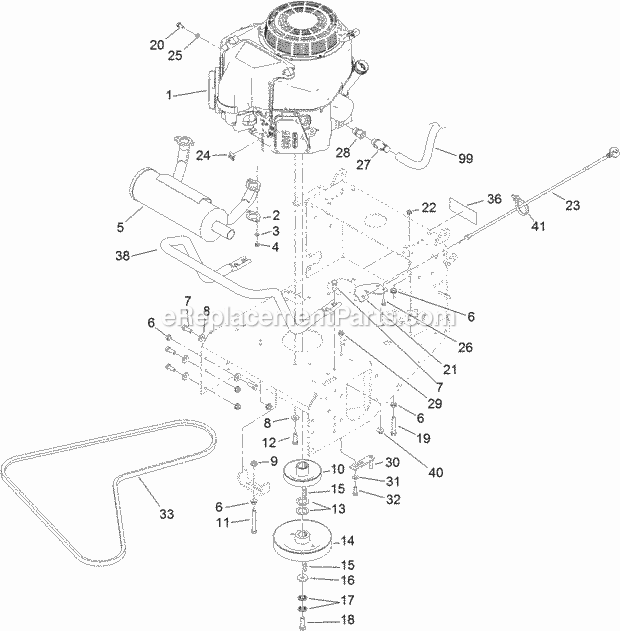 Toro 39938 (314000001-314999999) Commercial Walk-behind Mower, Fixed Deck, Pistol Grip, Hydro Drive With 48in Turbo Force Cuttin Engine and Exhaust Assembly Diagram