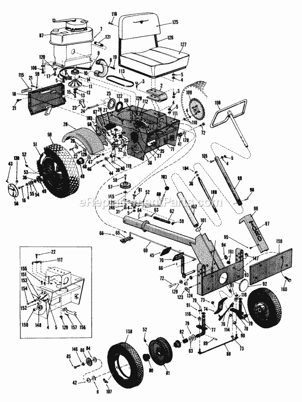 Toro 51070 (000001-099999) (1970) Big Red Riding Mower, 34-in. Side Discharge Mower Main Frame Assembly Parts List Diagram