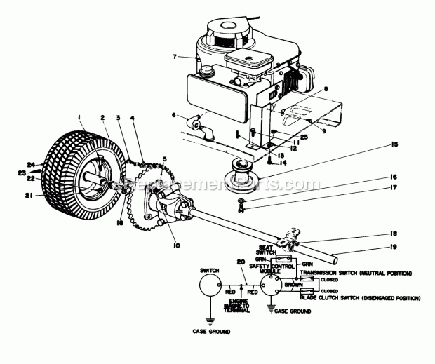 Toro 56006 (9000001-9999999) (1979) 25-in. Premium Rider Engine and Differential Assembly Diagram