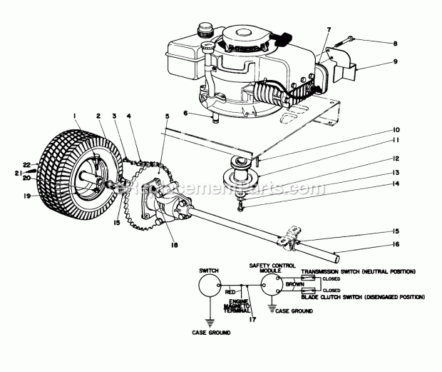 Toro 56022 (5000001-5999999) (1975) 25-in. Premium Rider Engine and Differential Assembly Model No. 56022 Diagram