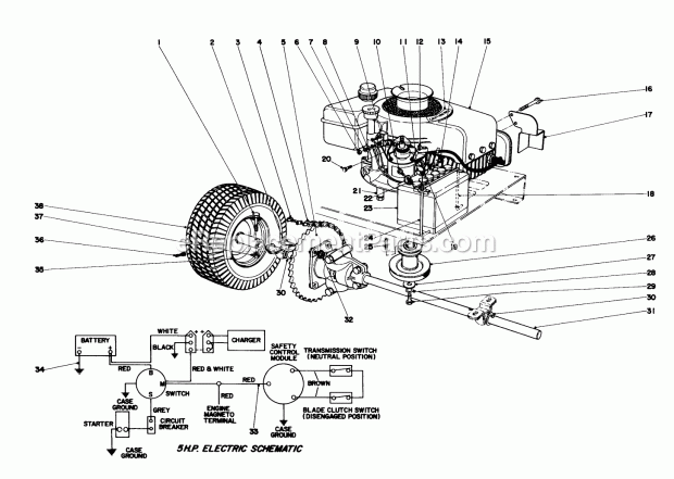 Toro 56022 (5000001-5999999) (1975) 25-in. Premium Rider Engine and Differential Assembly Model No. 56027 Diagram