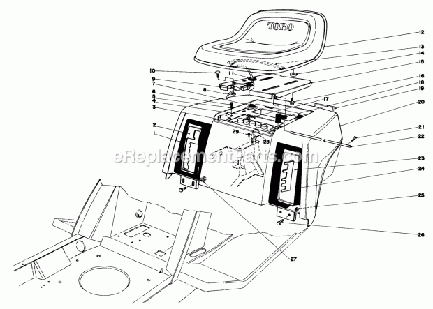 Toro 57385 (0000001-0999999) (1980) 11 Hp Front Engine Rider Rear Body & Seat Assembly Diagram