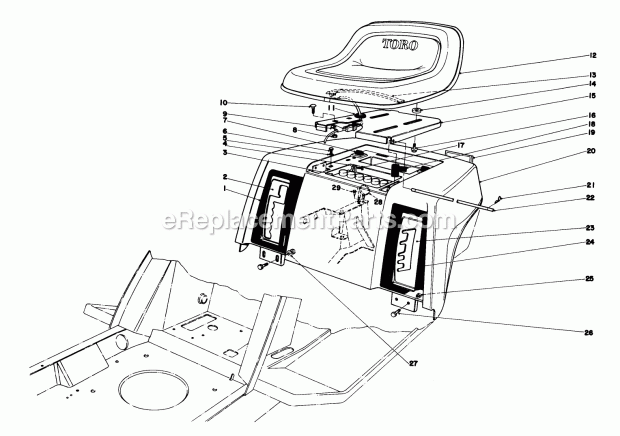 Toro 57385 (1000001-1999999) (1981) 11 Hp Front Engine Rider Rear Body & Seat Assembly Diagram