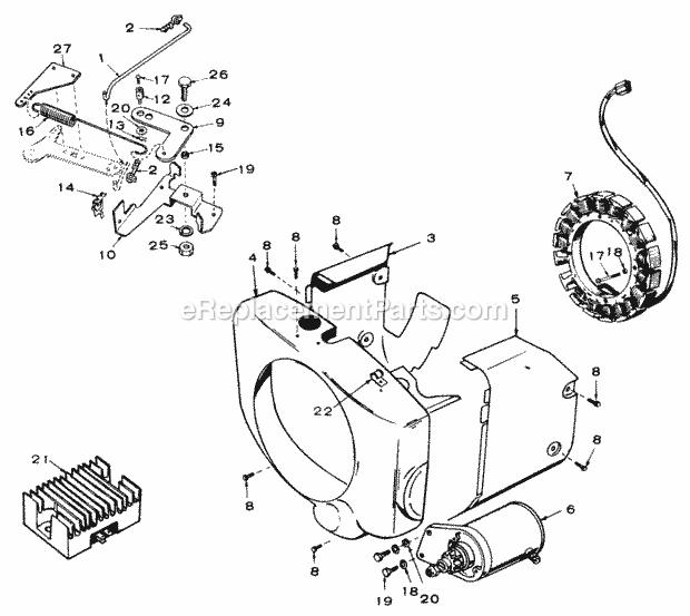 Toro 61-16OS01 (1976) D-160 Automatic Tractor Governor, Starter, Charging Alternator and Blower Housing Group-16 Hp Onan Engine Diagram