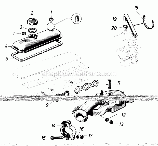 Toro 61-20RG01 (1976) D-250 10-speed Tractor Cylinder Head Cover and Intake Manifold Diagram