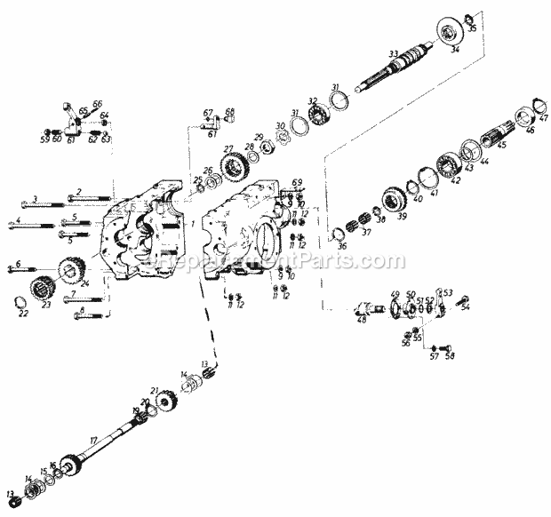 Toro 61-20RG01 (1976) D-250 10-speed Tractor Gear Box, Worm Shaft and Counter Shaft Diagram