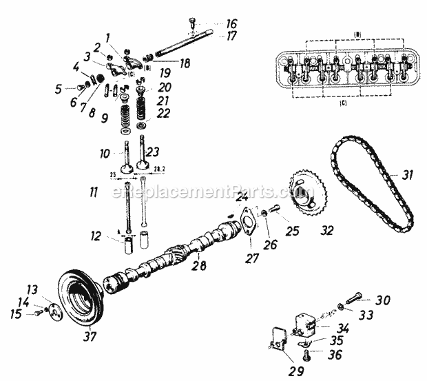 Toro 61-20RG01 (1976) D-250 10-speed Tractor Camshaft and Valves Diagram