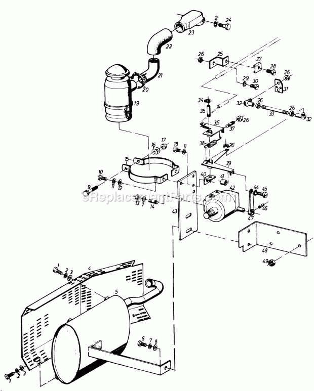 Toro 61-20RG01 (1977) D-250 10-speed Tractor Governor Parts-Exhaust System and Air Filter Diagram