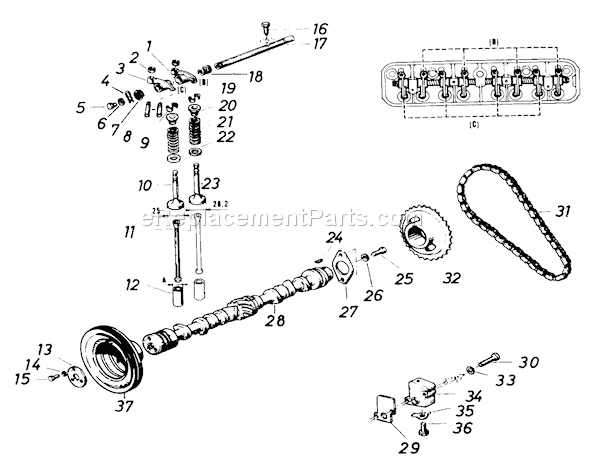 Toro 61-20RG01 (1977) D-250 10-speed Tractor Camshaft and Valves Diagram