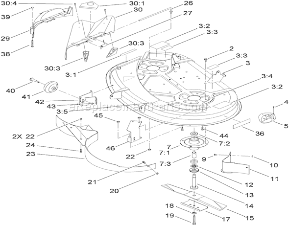 Toro 71252 (310002001-310999999)(2010) Lawn Tractor 38 Inch Deck, Spindle and Blade Assembly Diagram