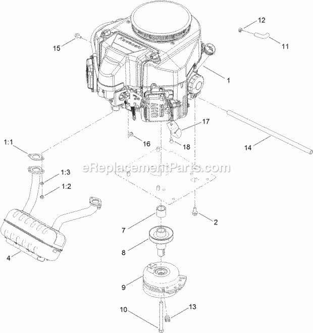 Toro 71255 (312000001-312999999) Xls 420t Lawn Tractor, 2012 Engine, Muffler and Clutch Assembly Diagram