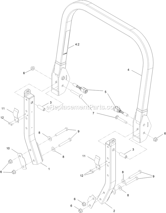 Toro 72096 (407110000-408851916) Z Master Professional 7500-D Series , With 96in Rear Discharge Riding Mower Roll-Over Protection System Assembly Diagram