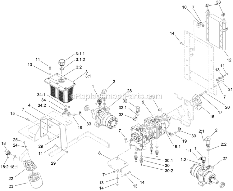 Toro 72267 (400000000-406395552) Z Master Professional 7000 , With 60in Turbo Force Side Discharge Mower Hydraulic Tank, Pump And Motor Assembly Diagram