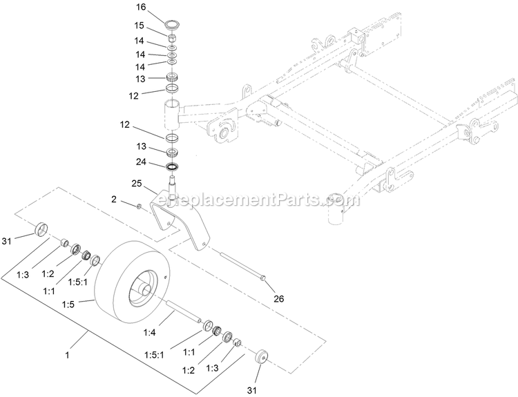 Toro 72274 (410000000-999999999) Z Master Professional 7000 , With 72in Turbo Force Side Discharge Mower Fork, Caster Wheel Assembly Diagram