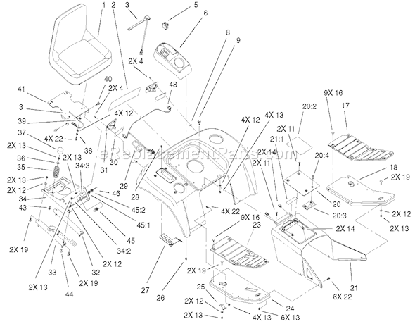 Toro 73542 (210000001-210999999)(2001) Lawn Tractor Fender, Footrest, & Seat Assembly Diagram