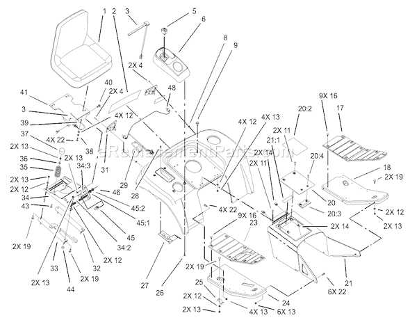 Toro 73561 (250000001-250999999)(2005) Lawn Tractor Fender, Footrest and Seat Assembly Diagram