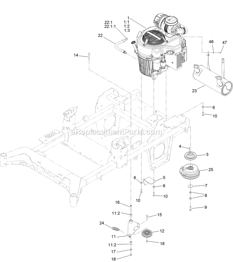 Toro 74010 (411481176-999999999) 52in Z Master 4000 Engine, Clutch And Muffler Assembly Diagram