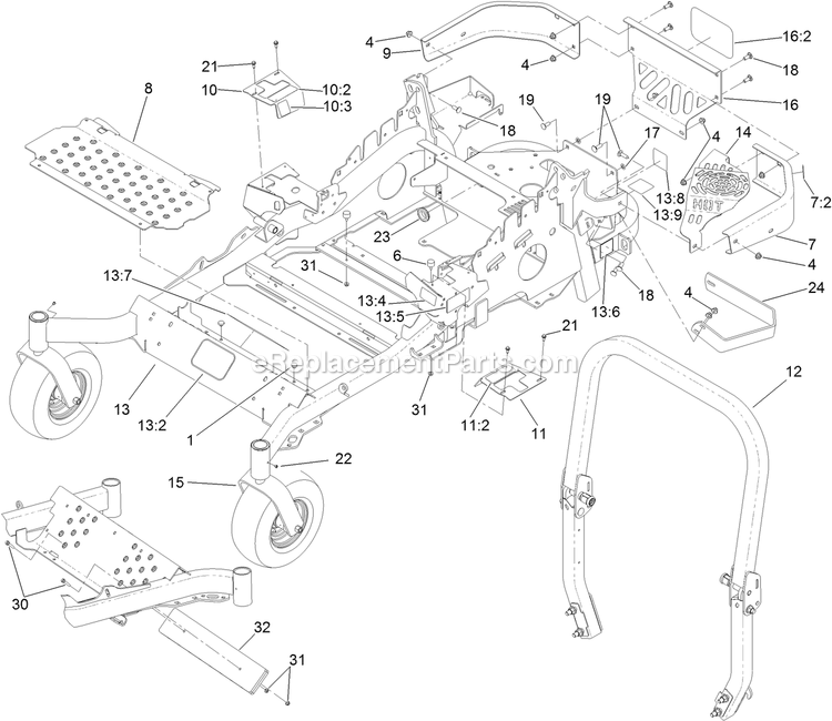 Toro 74141 (313000001-313999999)(2013) Z Master 2000 , With 48in Turbo Force Side Discharge Mower Frame And Caster Wheel Assembly Diagram