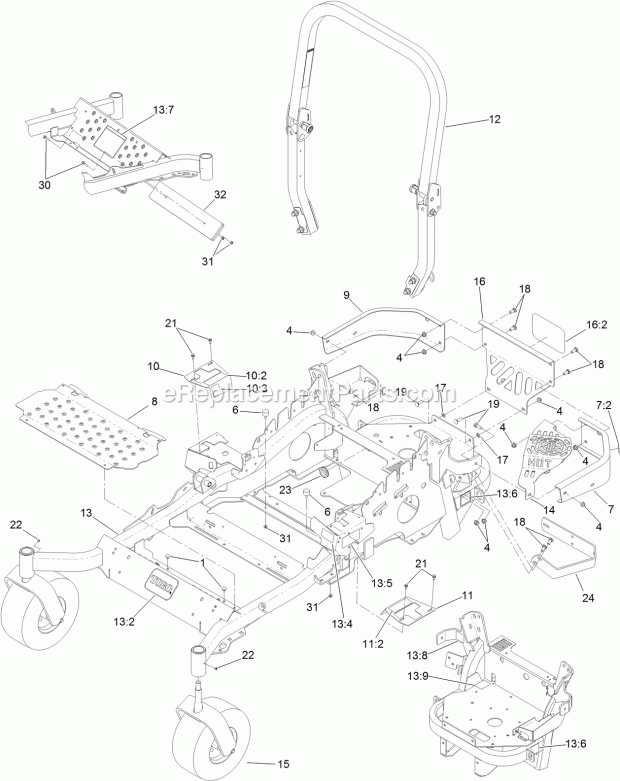 Toro 74141 (314000001-314999999) Z Master Commercial 2000 Series Riding Mower, With 48in Turbo Force Side Discharge Mower, 2014 Frame and Caster Wheel Assembly Diagram