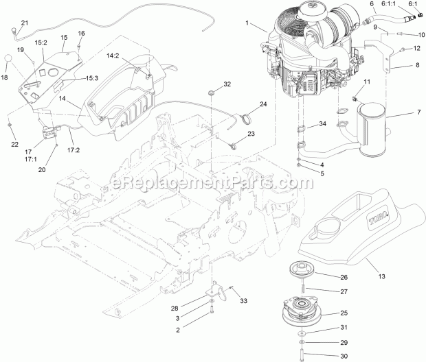 Toro 74145 (314000001-314999999) Z Master Commercial 2000 Series Riding Mower, With 60in Turbo Force Side Discharge Mower, 2014 Engine, Muffler and Control Panel Assembly Diagram