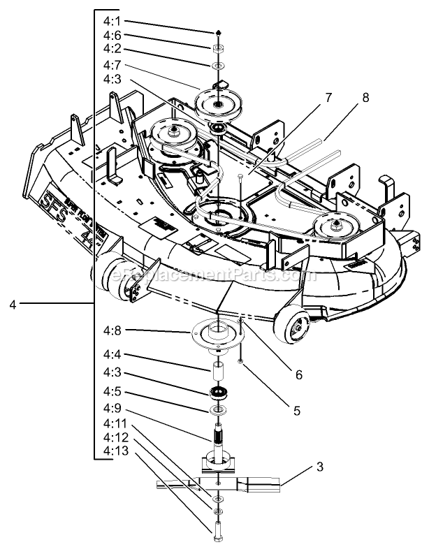 Toro 74161TE (240000001-240001000)(2004) Z147 Z Master, With 112cm Sfs Side Discharge Mower Deck Spindle Assembly Diagram