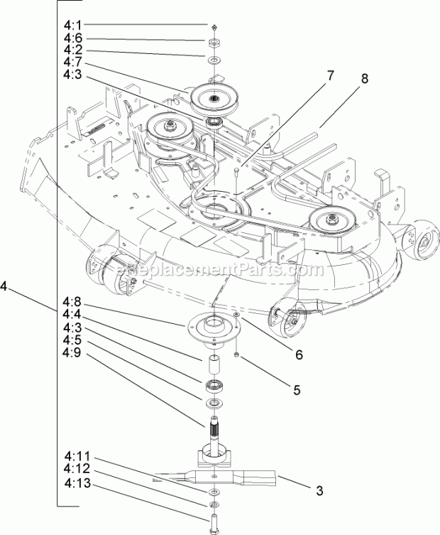 Toro 74162 (240003001-240999999) Z148 Z Master, With 44in Sfs Side Discharge Mower, 2004 Deck Spindle Assembly Diagram