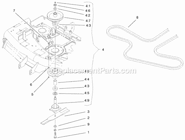 Toro 74170 (990001-999999) (1999) Z147 Z Master, With 44-in. Sfs Side Discharge Mower Blade, Spindle and Belt Assembly Diagram