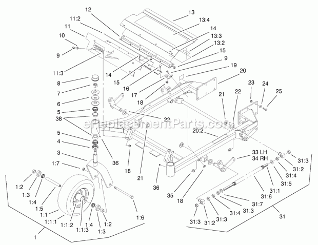 Toro 74197 (220000001-220000113) Z153 Z Master, With 52-in. Sfs Side Discharge Mower, 2002 Front Frame Assembly Diagram