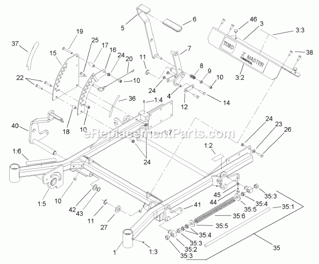 Toro 74247 (240000001-240999999) Z557 Z Master, With 72in Turbo Force Side Discharge Mower, 2004 Front Frame Assembly Diagram