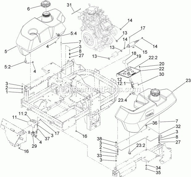 Toro 74253 (290000001-290999999) Z580 Z Master, With 60in Turbo Force Side Discharge Mower, 2009 Fuel System and Throttle Control Assembly Diagram