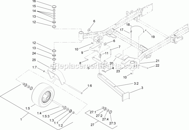 Toro 74254CP (270000001-270999999) Z589 Z Master, With 72in Turbo Force Side Discharge Mower, 2007 Caster Wheel, Fork and Z Stand Assembly Diagram