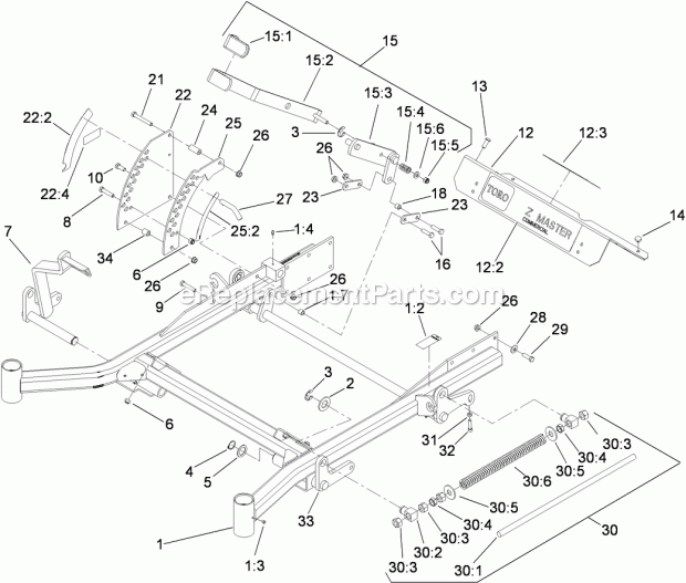 Toro 74254 (290000001-290999999) Z580 Z Master, With 72in Turbo Force Side Discharge Mower, 2009 Front Frame Assembly Diagram