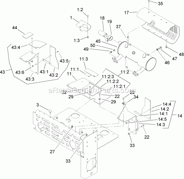 Toro 74255 (250000001-250999999) Z588e Z Master, With 60in Turbo Force Side Discharge Mower, 2005 Muffler and Guard Assembly Diagram