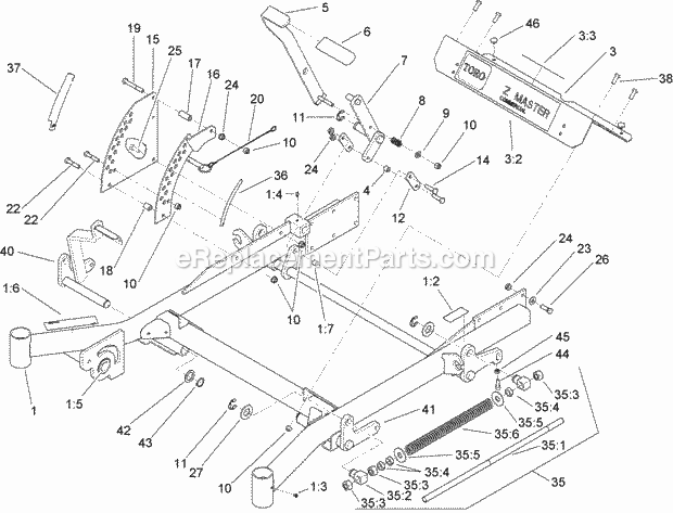 Toro 74255 (260000109-260999999) Z588e Z Master, With 60in Turbo Force Side Discharge Mower, 2006 Front Frame Assembly Diagram