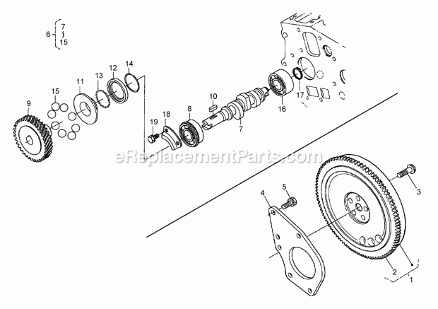 Toro 74264TE (260000001-260999999) Z593-d Z Master, With 132cm Turbo Force Side Discharge Mower, 2006 Flywheel, Fuel Camshaft and Governor Shaft Assembly Diagram