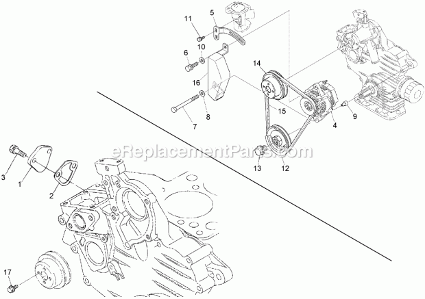 Toro 74264TE (260000001-260999999) Z593-d Z Master, With 132cm Turbo Force Side Discharge Mower, 2006 Alternator, Pulley and Fuel Pump Cover Assembly Diagram