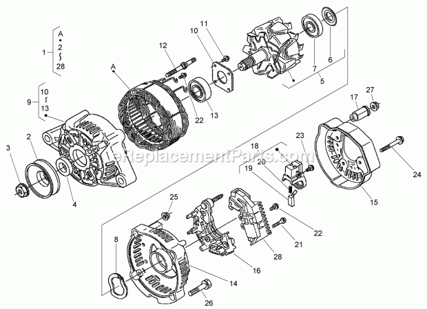 Toro 74264TE (270000001-270999999) Z593-d Z Master, With 132cm Turbo Force Side Discharge Mower, 2007 Alternator Assembly Diagram