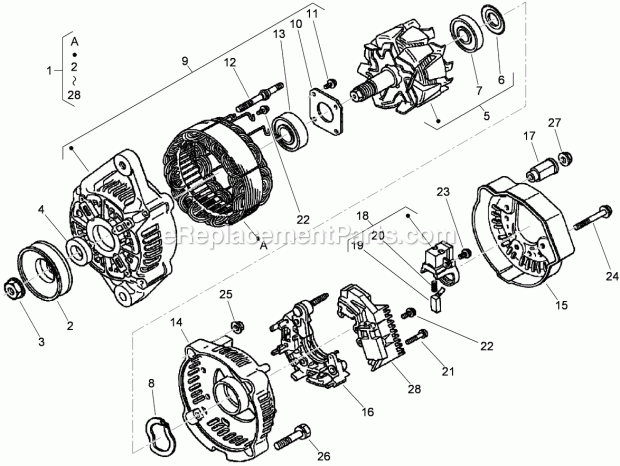 Toro 74264TE (310000001-310999999) Z580-d Z Master, With 132cm Turbo Force Side Discharge Mower, 2010 Alternator Components Assembly Diagram